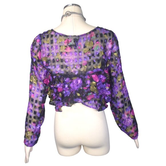 Vintage 90s Sheer Ruffle Floral Crop Top Long Sleeves L - Picture 3 of 8